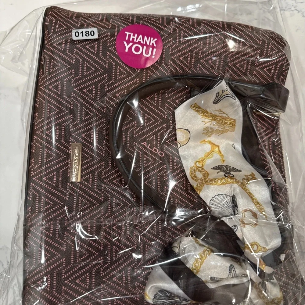 ALDO Crossbody Signature Galilini Pink & Brown Dome Satchel Handbag Purse Scarf - Picture 14 of 16